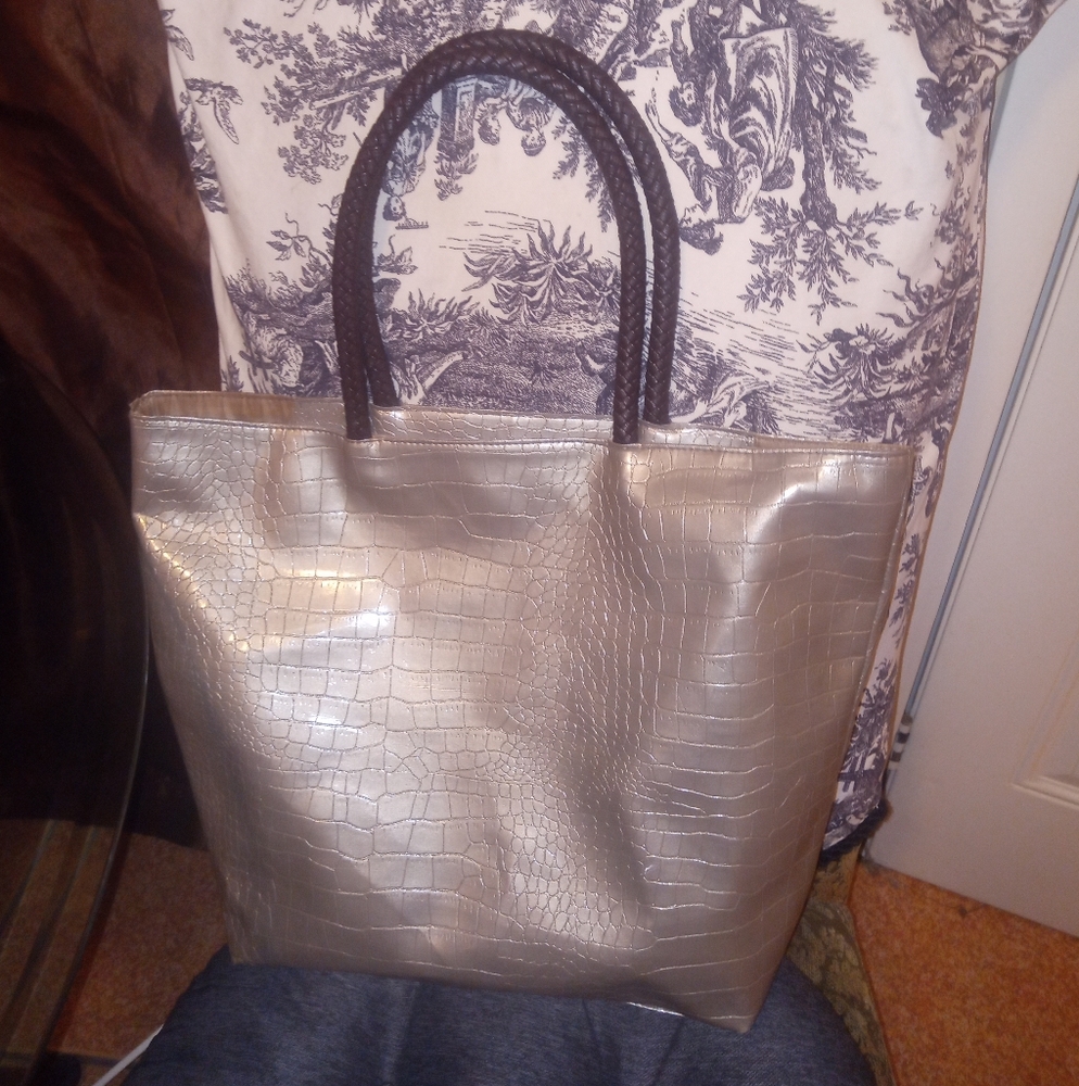 Neiman Marcus patent leather Gold tote
